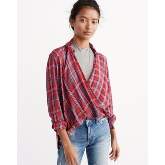 Abercrombie & Fitch Red Plaid Draped Wrap Button Front Shirt Blouse Women Sz M - Picture 1 of 7